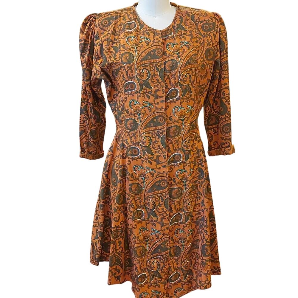 VTG Paisley beaded shirt dress M 80s shoulder pads Boho bohemian